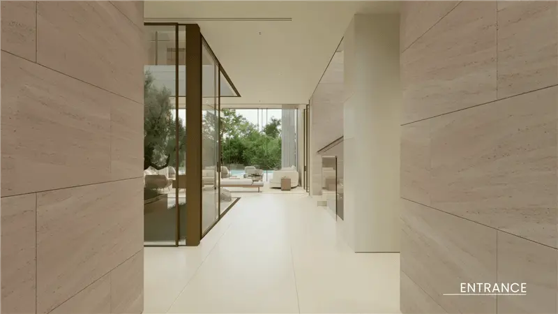 Stone entrance of a five-bedroom villa at The Wilds, looking through to the garden.
