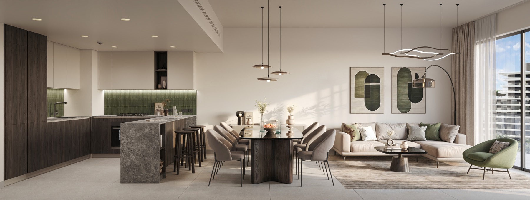 An evening living room in a Wilds residence.