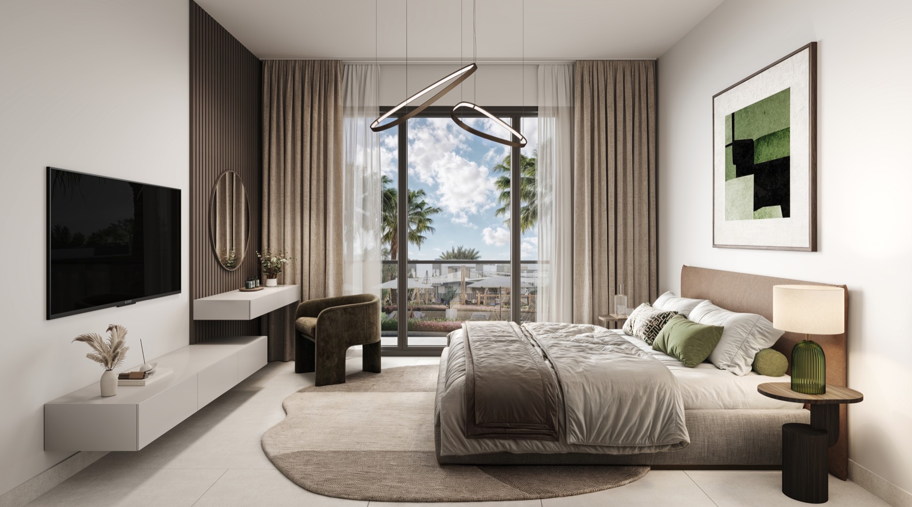 A bedroom in a darker finish at The Wilds Residences.