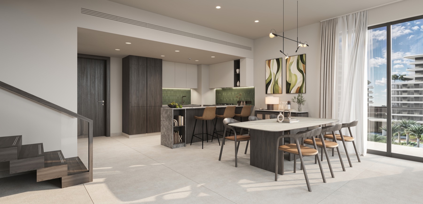 A duplex interior in a darker palette at The Wilds Residences.