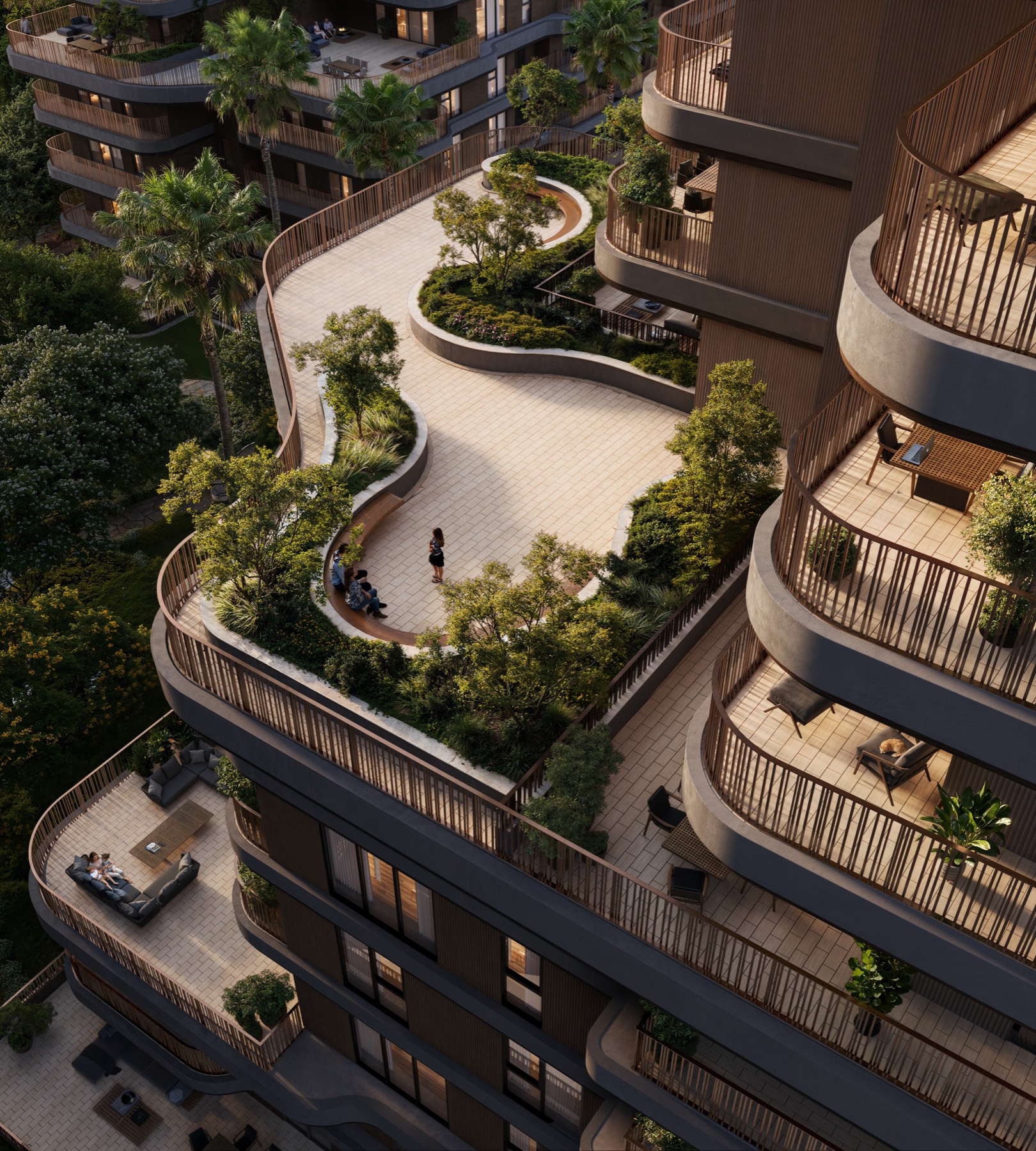 A terrace looking into the planted landscape at The Wilds Residences.