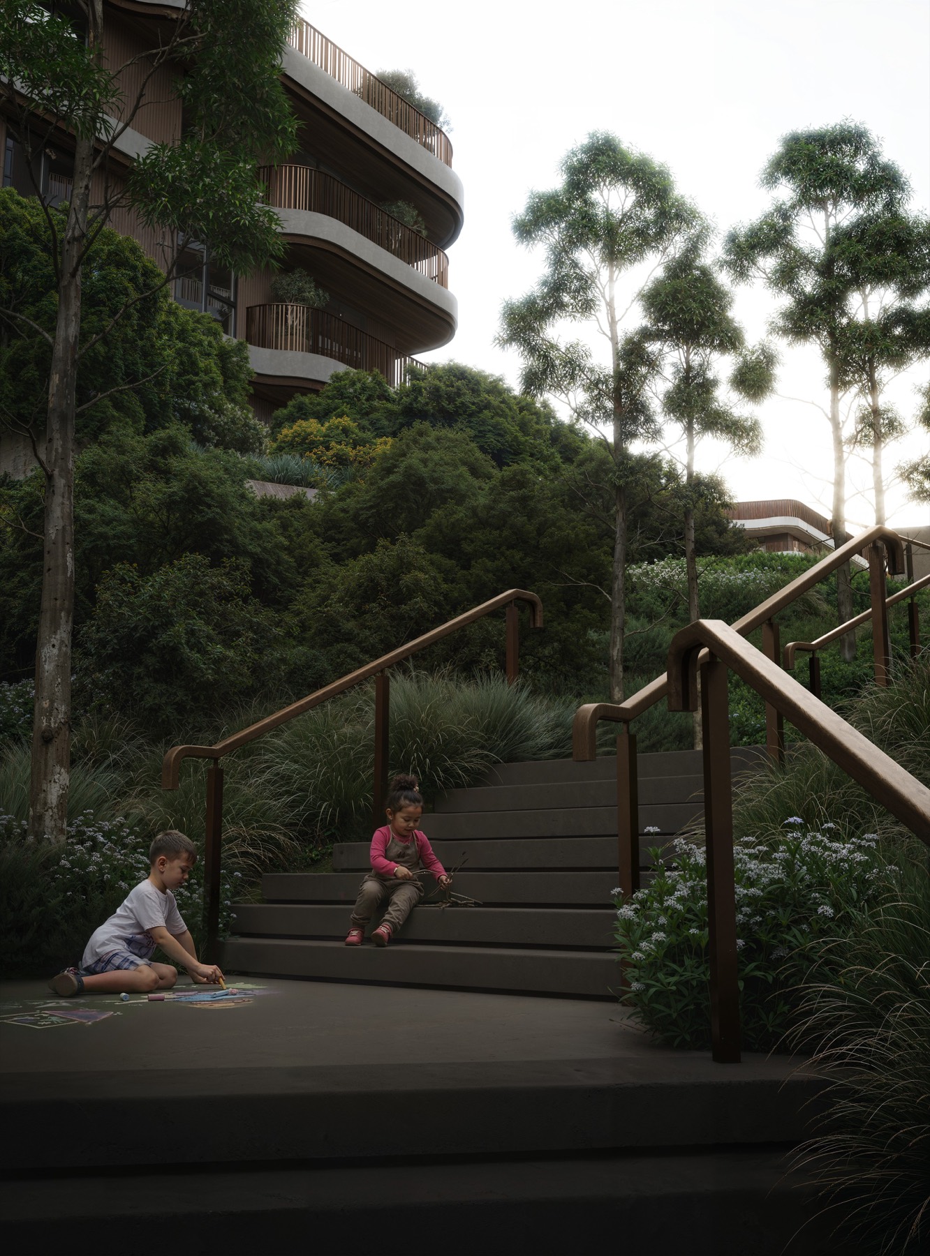 Children on the steps beneath the curved residences at The Wilds.