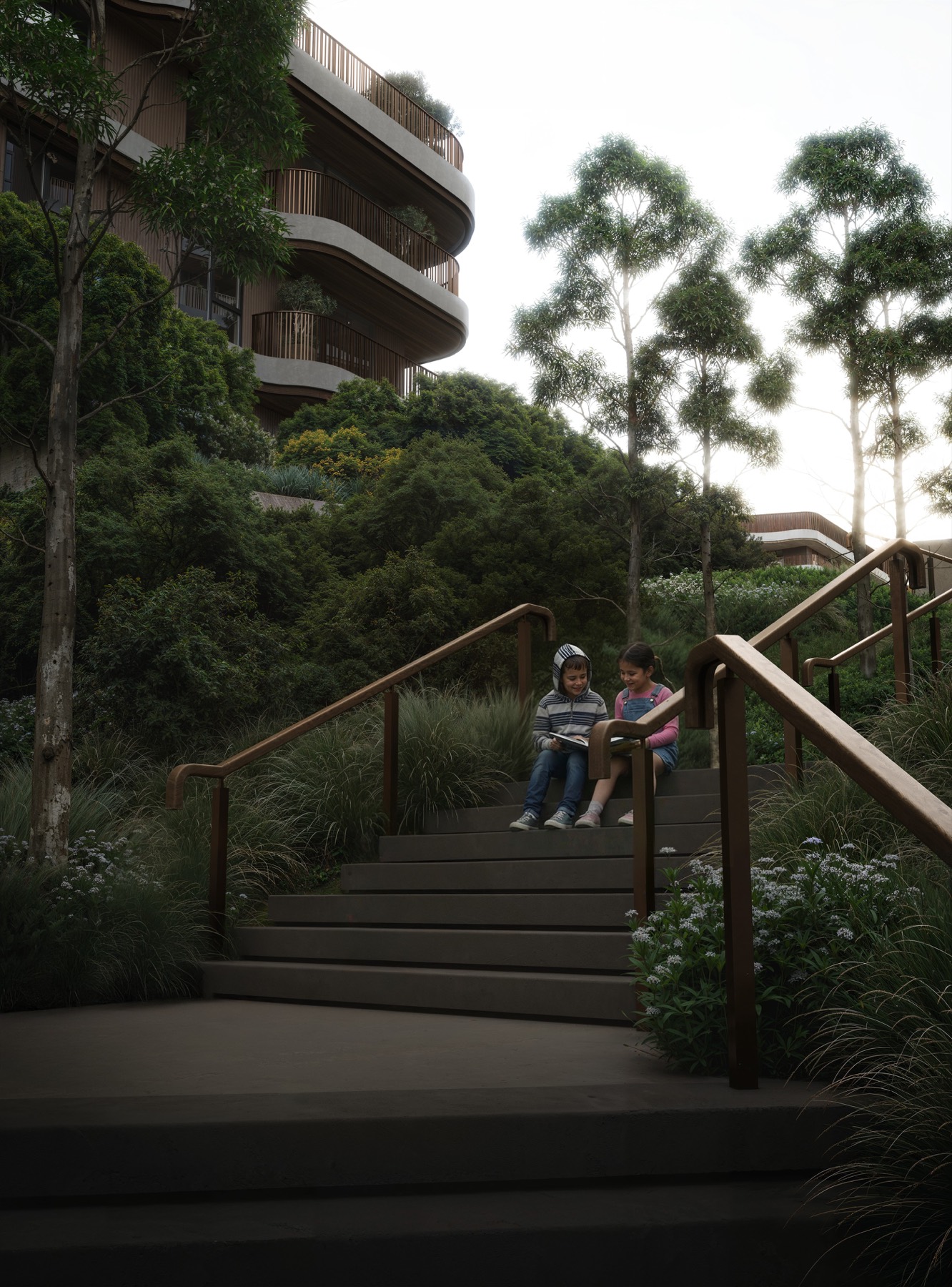 Planting, paths and the curved facade of The Wilds Residences.