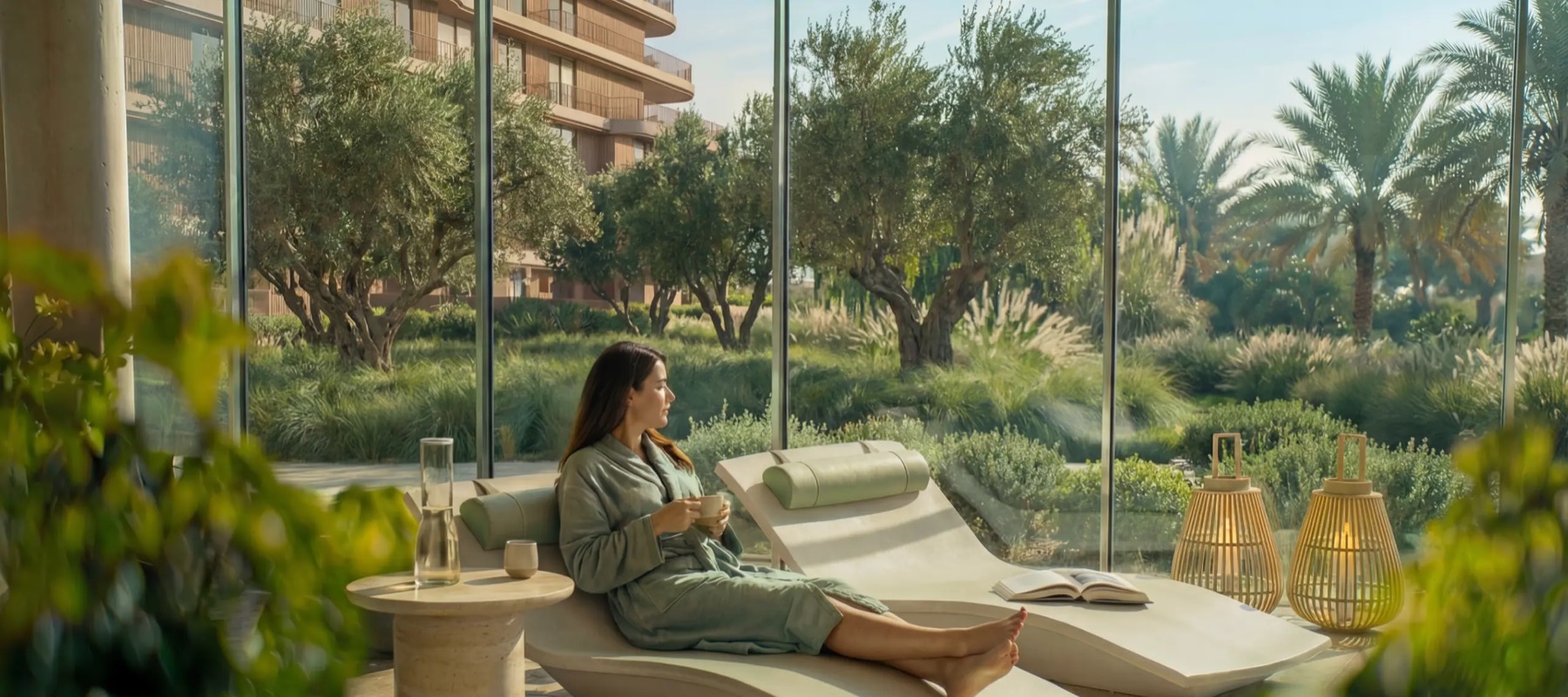 A resident reading beside full-height glass that opens onto the garden.
